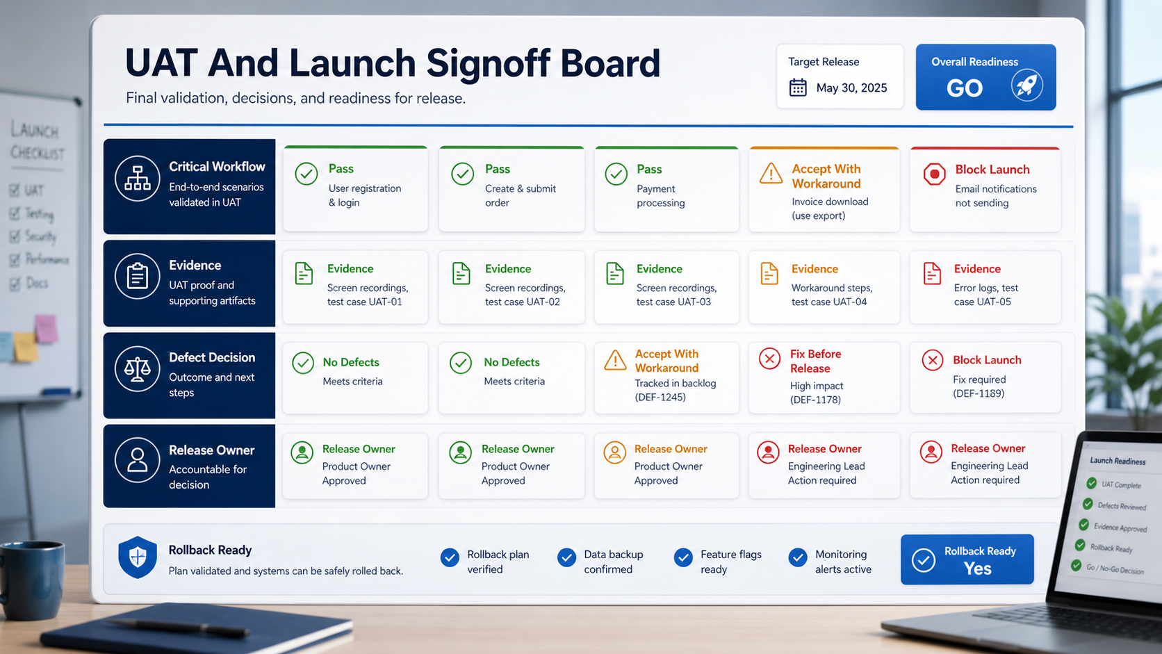 UAT and launch signoff board showing critical workflows, evidence, defect decisions, release owners, rollback readiness, and go or no-go status