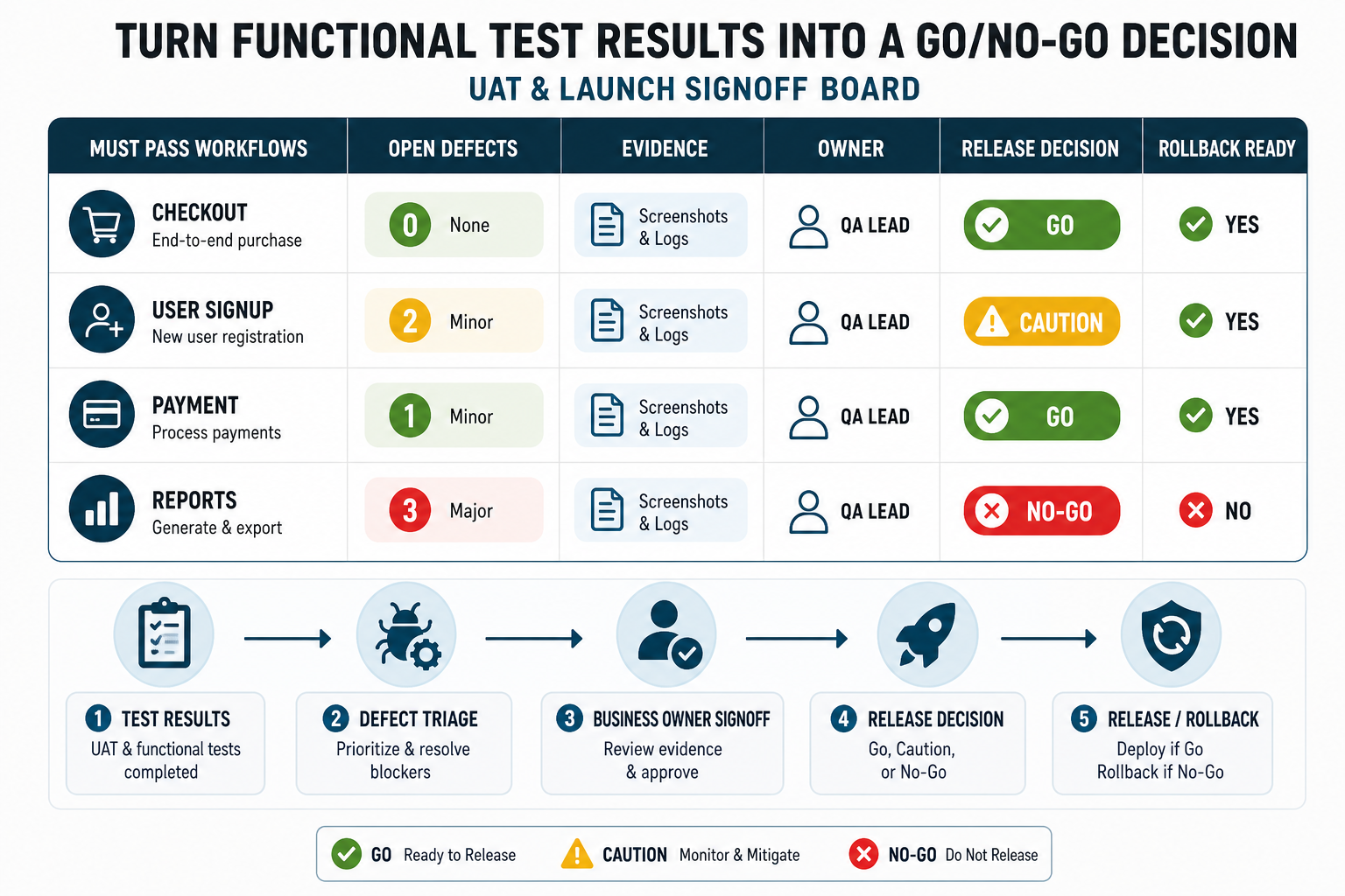 UAT and launch signoff board showing critical workflows, evidence, defect decisions, release owners, rollback readiness, and go or no-go status