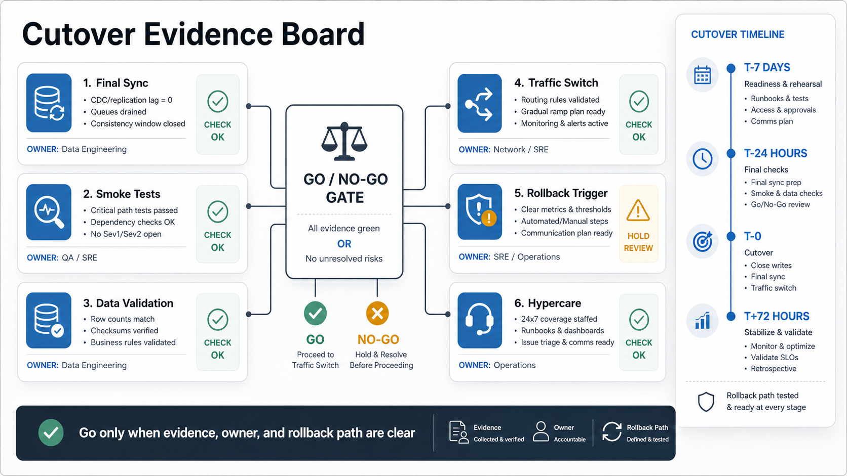 GCP migration cutover evidence board showing final sync smoke tests data validation traffic switch rollback trigger hypercare and go no-go timeline