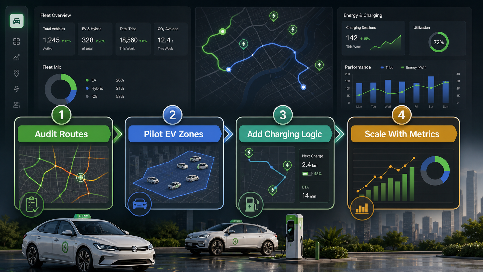 Green fleet rollout roadmap showing route audit, EV pilot zones, charging logic, and scaling with metrics