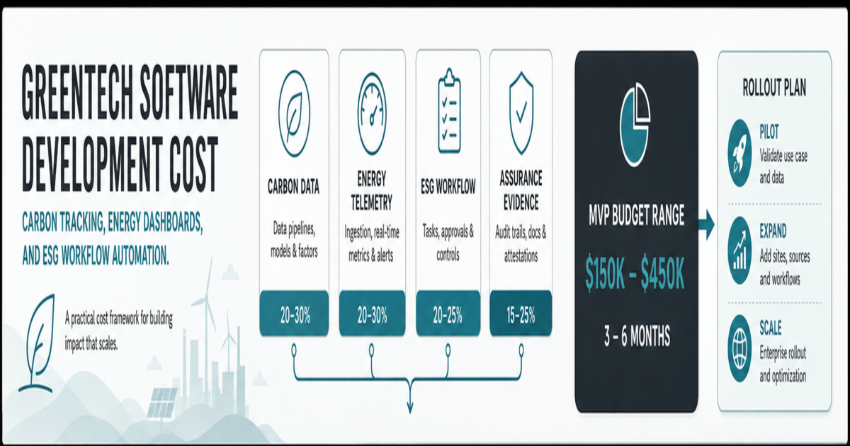 Greentech software development cost framework showing carbon data, energy telemetry, ESG workflow, assurance evidence, MVP budget range, and rollout plan