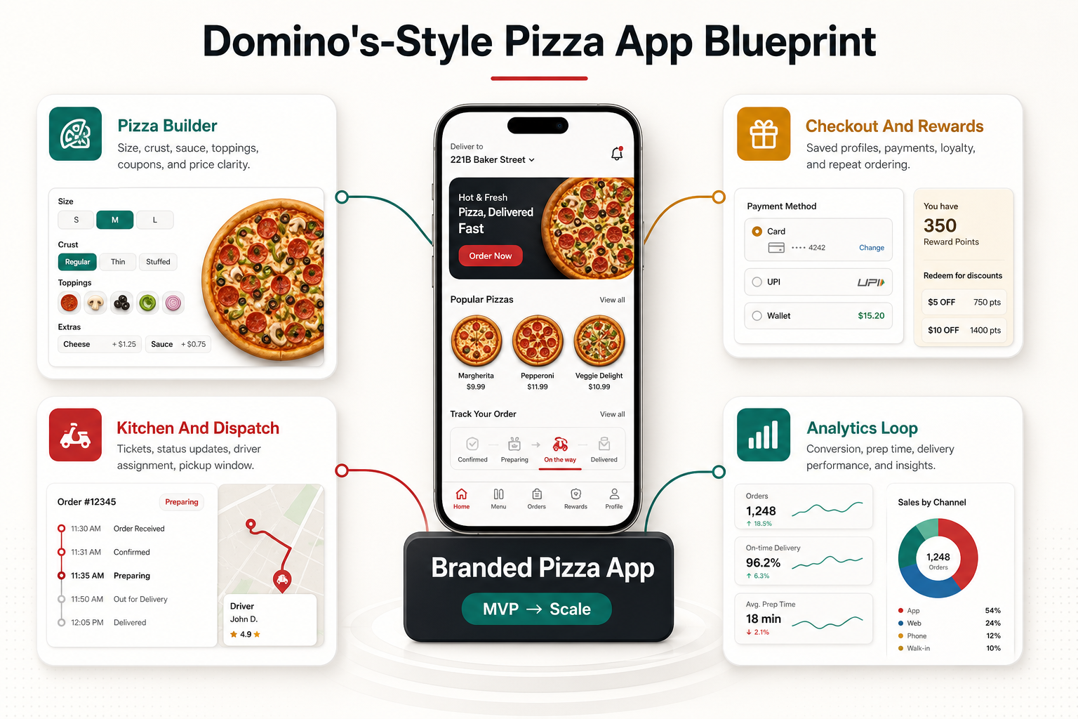 Domino's-style pizza delivery app blueprint connecting pizza builder, checkout, kitchen operations, dispatch, rewards, and analytics