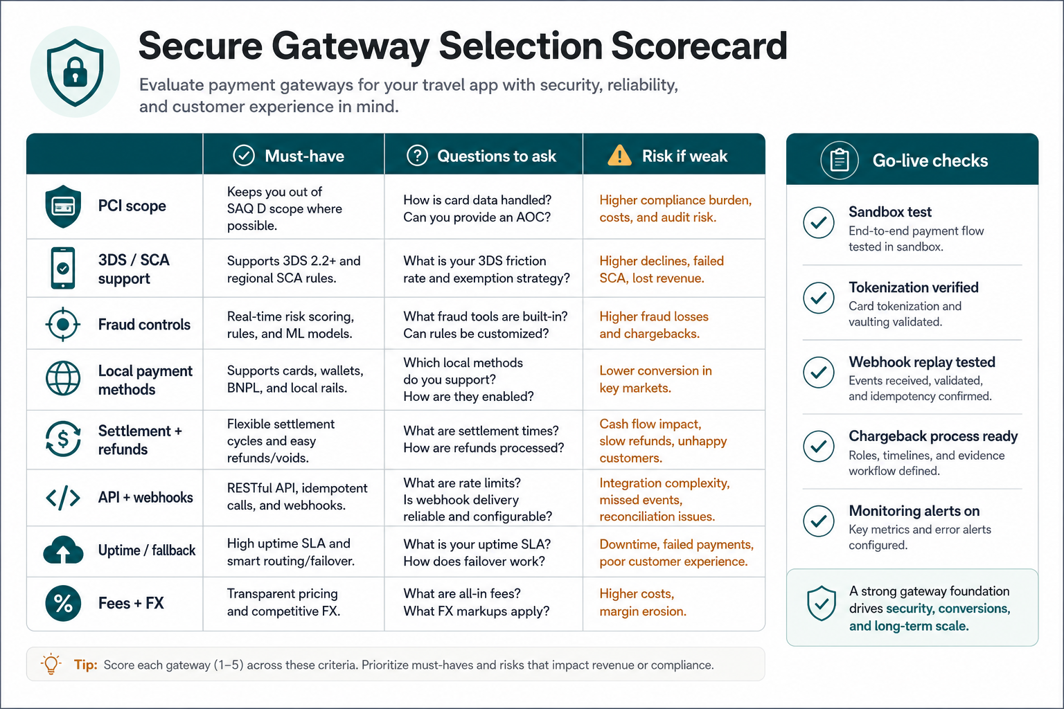 Gateway selection scorecard for travel app payment integration covering PCI scope, authentication, fraud controls, local payment methods, refunds, APIs, uptime, fees, and go-live checks