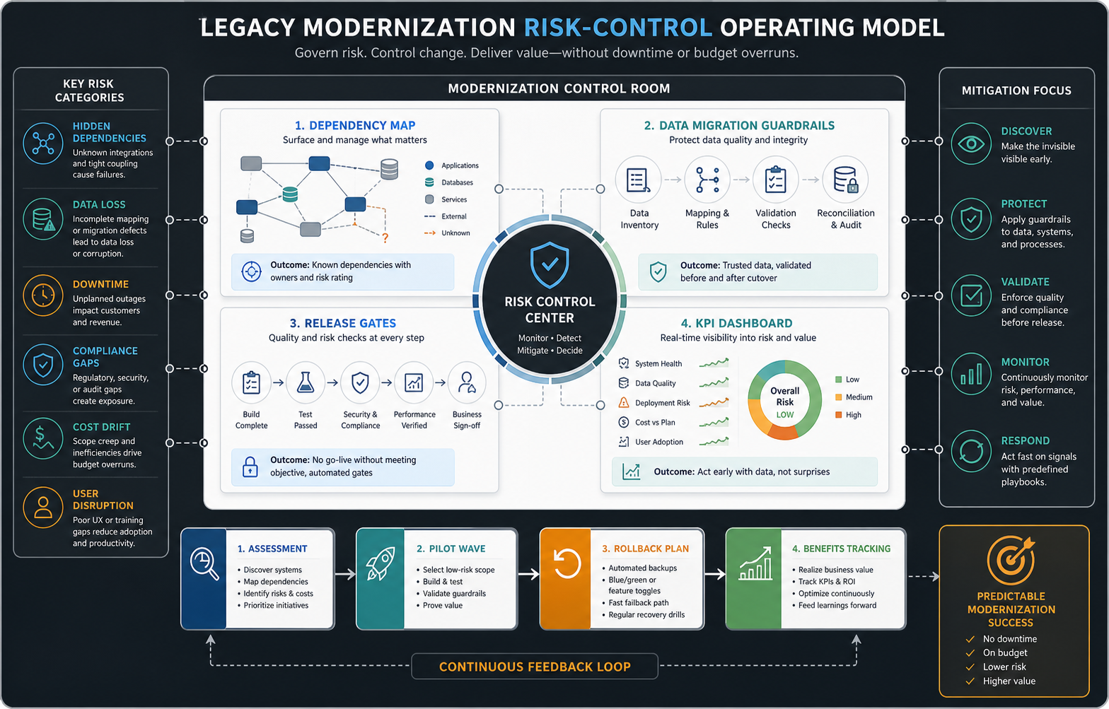 Legacy modernization risk control model covering dependency maps, data migration guardrails, release gates, rollback planning, and KPI tracking