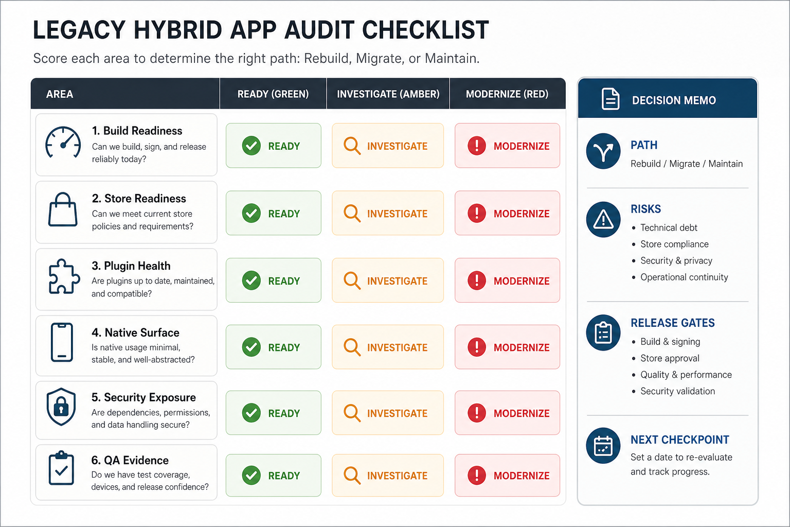 Legacy hybrid app audit scorecard with build readiness store readiness plugin health native surface security exposure and QA evidence