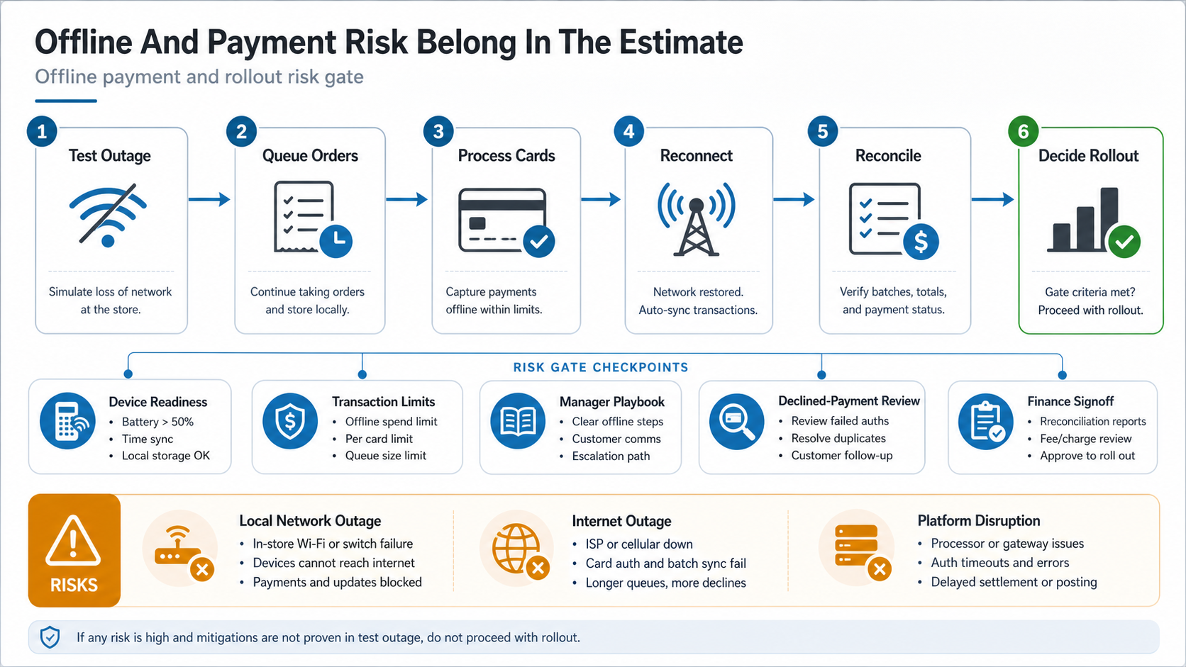 Offline payment and rollout risk gate showing outage testing, queued orders, card processing, reconnection, reconciliation, and rollout decision checkpoints