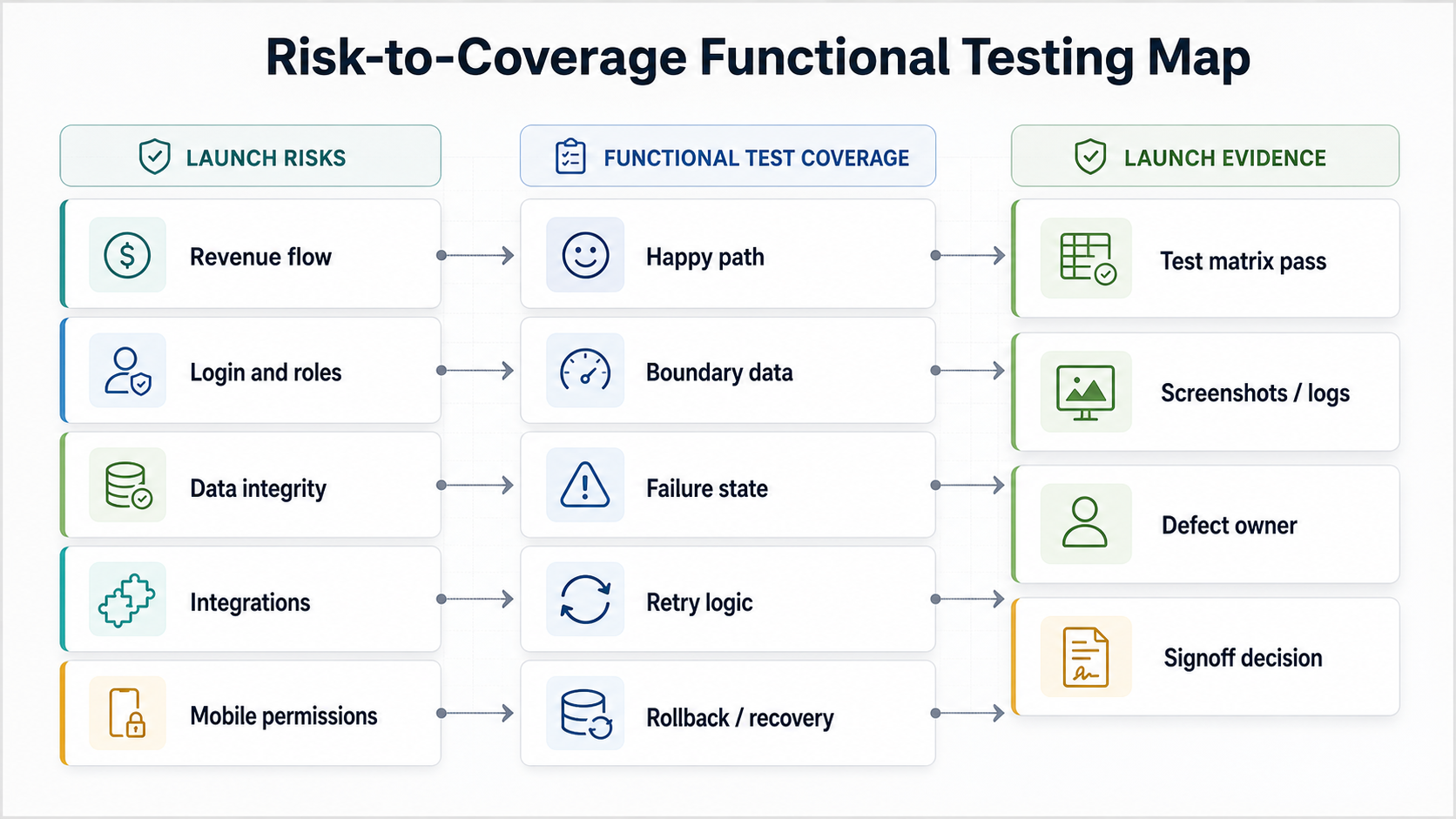 QA risk to coverage map connecting launch risks with manual exploratory testing, automated regression checks, owner evidence, and release decisions