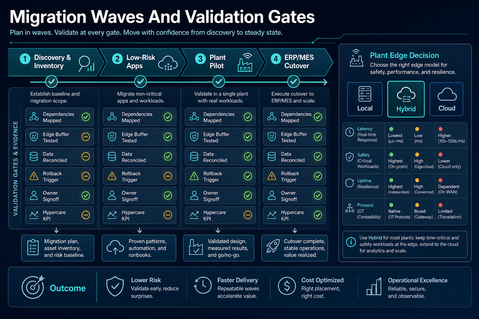 Manufacturing cloud migration wave board showing discovery, low-risk apps, plant pilot, ERP MES cutover, validation gates, edge decision criteria, rollback triggers, owner signoff, and hypercare KPIs