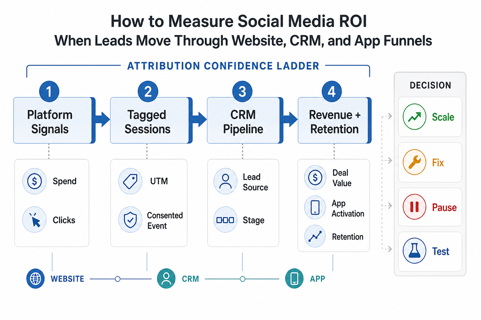 Attribution confidence ladder showing social ROI evidence from platform signals to tagged sessions, CRM pipeline, revenue, app activation, and retention