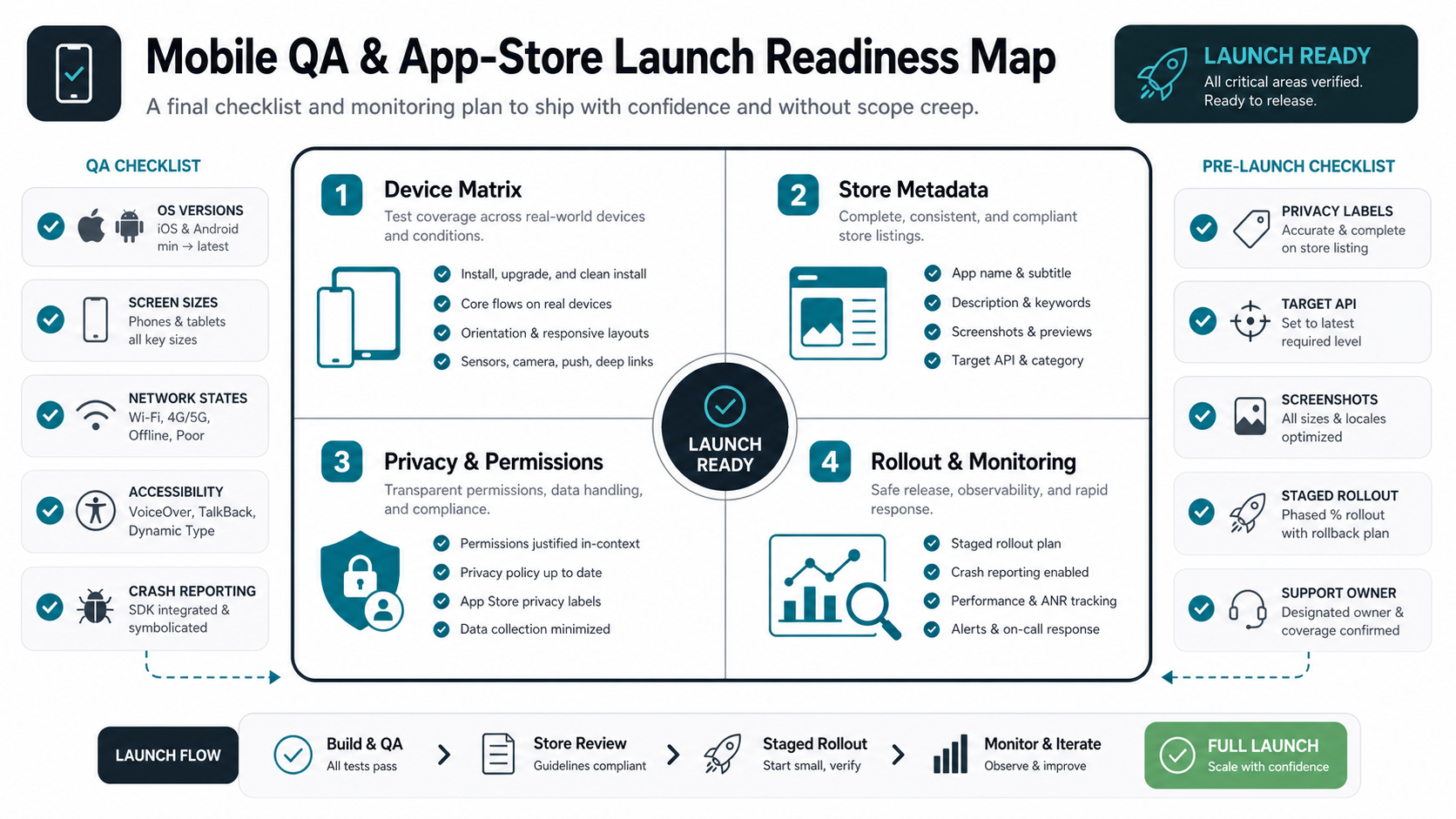 Mobile QA and app-store launch readiness dashboard covering device matrix, store metadata, privacy permissions, rollout monitoring, and support ownership