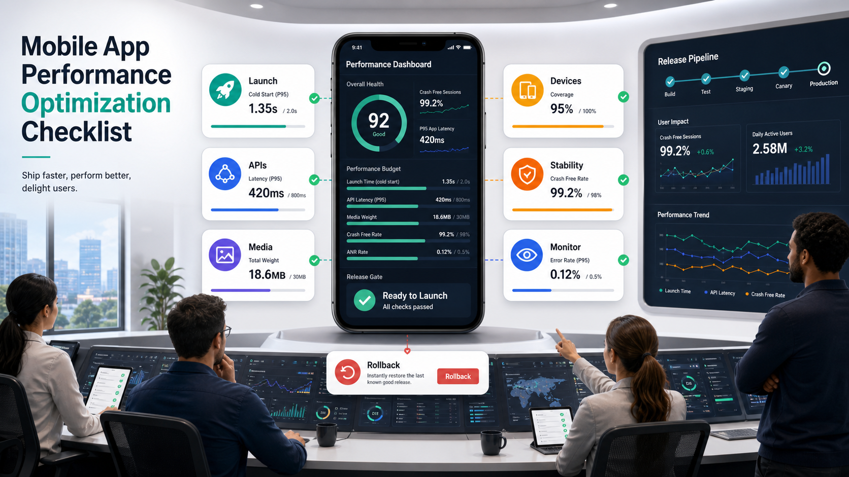 Mobile app performance optimization checklist dashboard showing launch speed, API latency, media weight, device load, stability, release gates, and monitoring