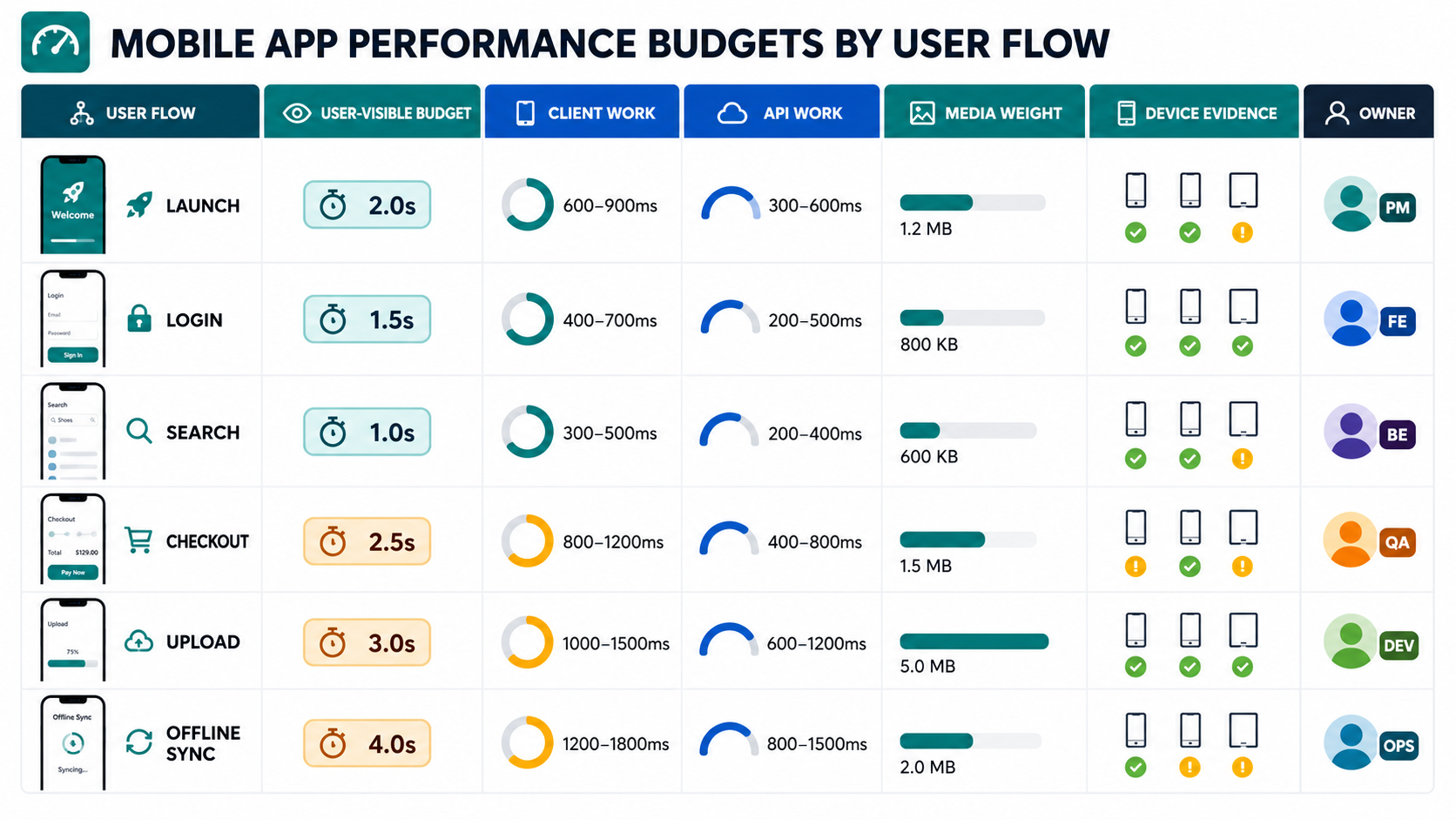 Mobile app performance budget matrix showing launch, login, search, checkout, upload, and offline sync with user-visible budgets, client work, API work, media weight, device evidence, and owners