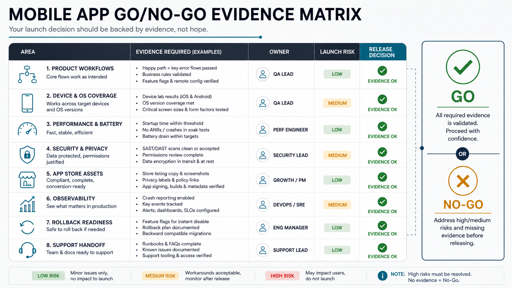 Mobile app go/no-go evidence matrix showing product workflows, device and OS coverage, performance and battery, security and privacy, app store assets, observability, rollback, support handoff, owners, launch risk, and release decision