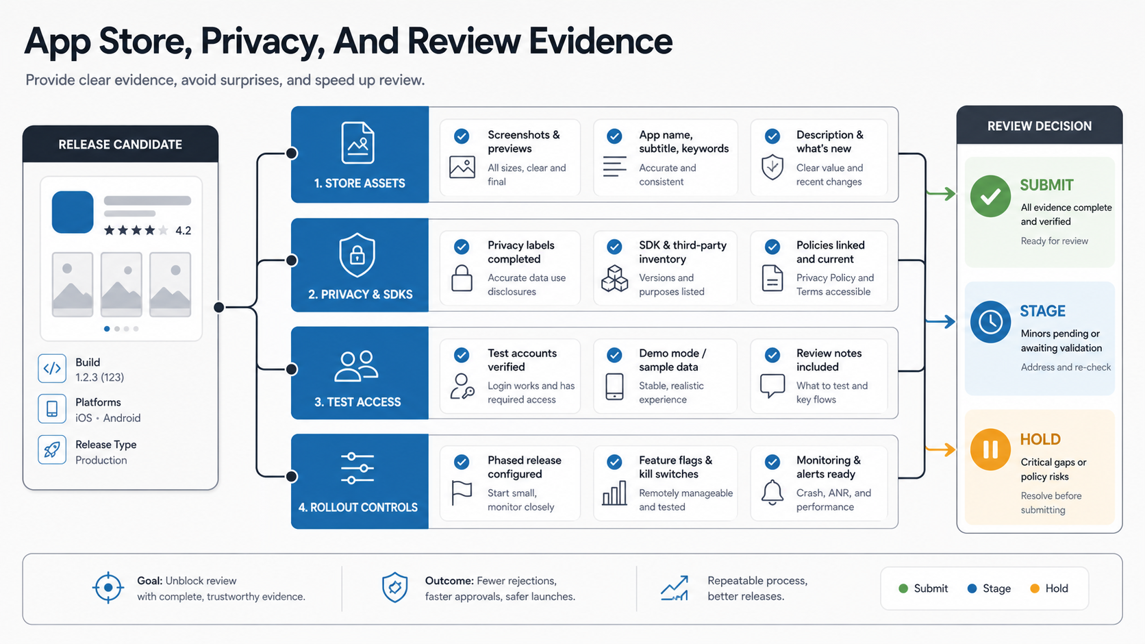 Mobile app store review evidence map showing store assets, privacy and SDK declarations, test access, rollout controls, and submit stage or hold decision
