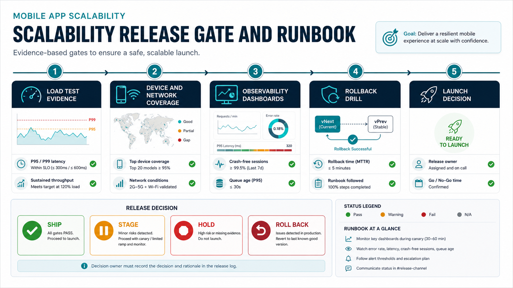 Mobile app scalability release gate showing load test evidence device coverage observability dashboards rollback drill and launch decision states