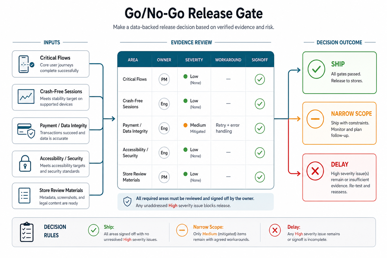 Mobile app release go no-go gate showing critical flows, crash-free sessions, payment and data integrity, accessibility, security, store review materials, owner signoff, and ship narrow scope or delay outcomes