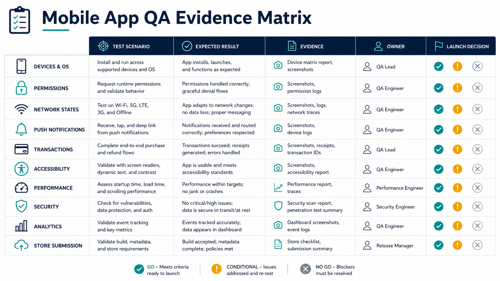 Mobile app QA evidence matrix linking device coverage, permissions, network states, notifications, payments, accessibility, performance, security, analytics, store submission, owners, and launch decisions