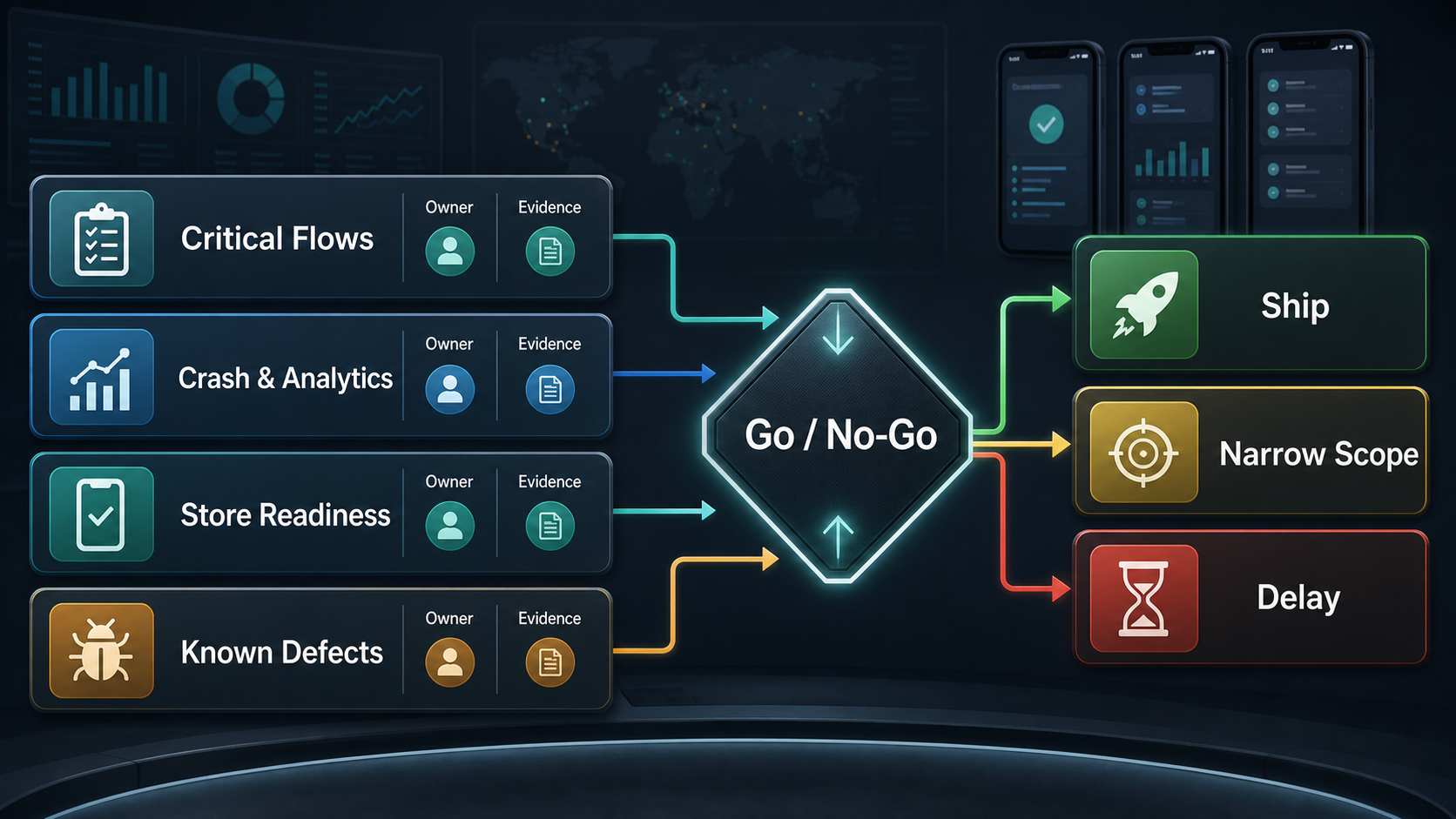 Mobile app release go no-go decision gate connecting critical flows, crash analytics, store readiness, known defects, owners, and evidence