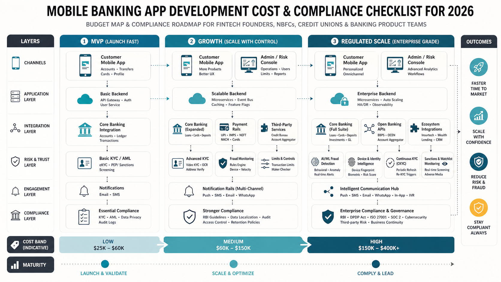 System map showing how a mobile banking app expands from MVP to growth to regulated scale across app, backend, integrations, risk, and compliance layers