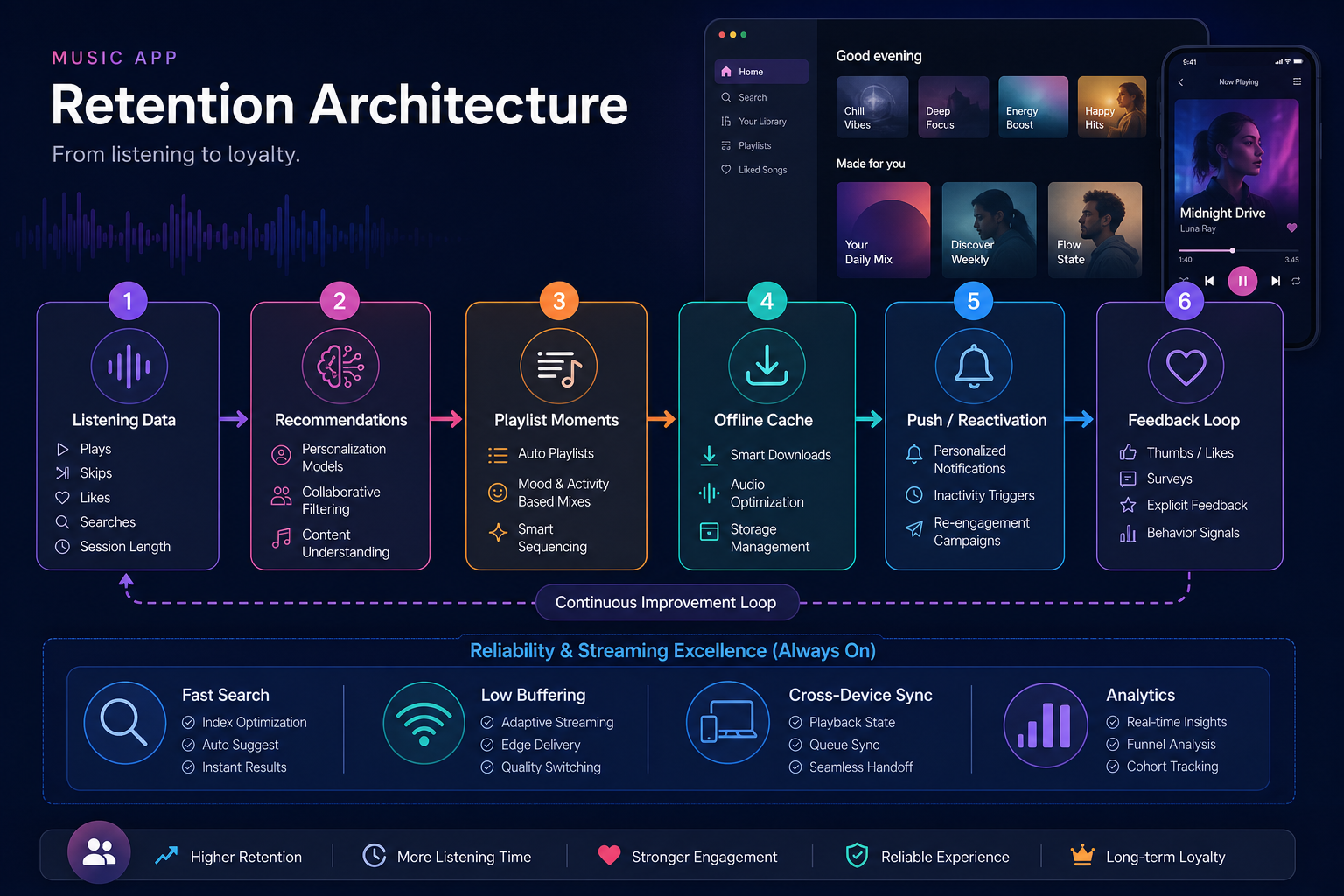 Music app retention and revenue loop showing onboarding, discovery, playlists, habit formation, upgrade moments, paid conversion, analytics, and churn prevention