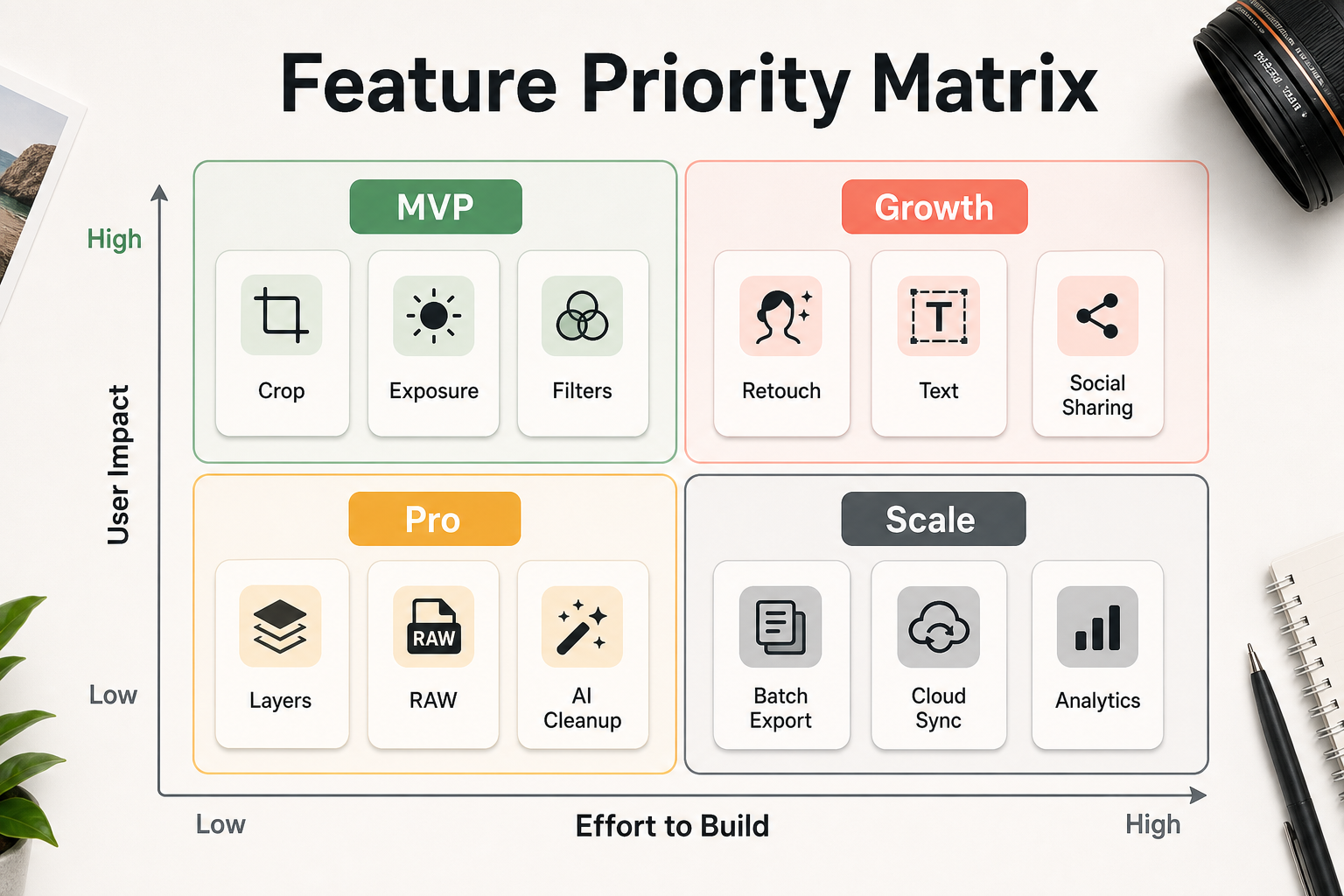 Feature priority matrix for photo editing apps grouping crop, exposure, filters, retouching, text, layers, RAW, batch export, social sharing, cloud sync, AI cleanup, and analytics by maturity stage