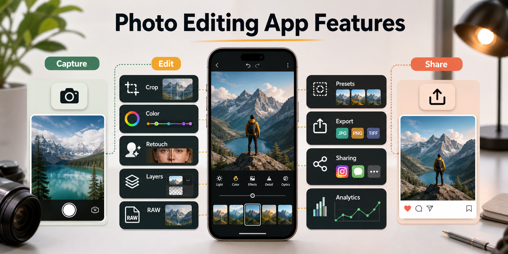 Photo editing app feature system connecting capture, color editing, retouching, layers, RAW support, export, sharing, and analytics