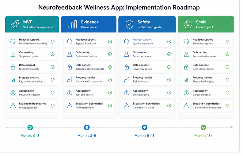 Implementation roadmap for a neurofeedback wellness app covering MVP, evidence, safety, and scale phases