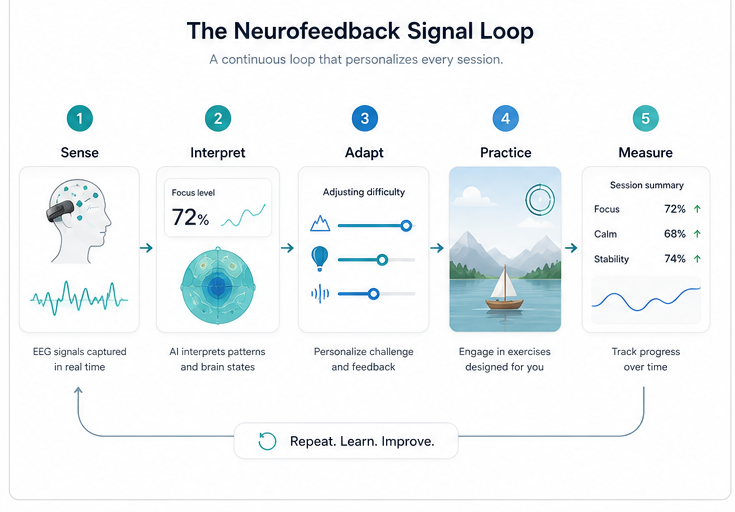 Neurofeedback signal loop showing sense, interpret, adapt, practice, and measure steps inside a wellness app