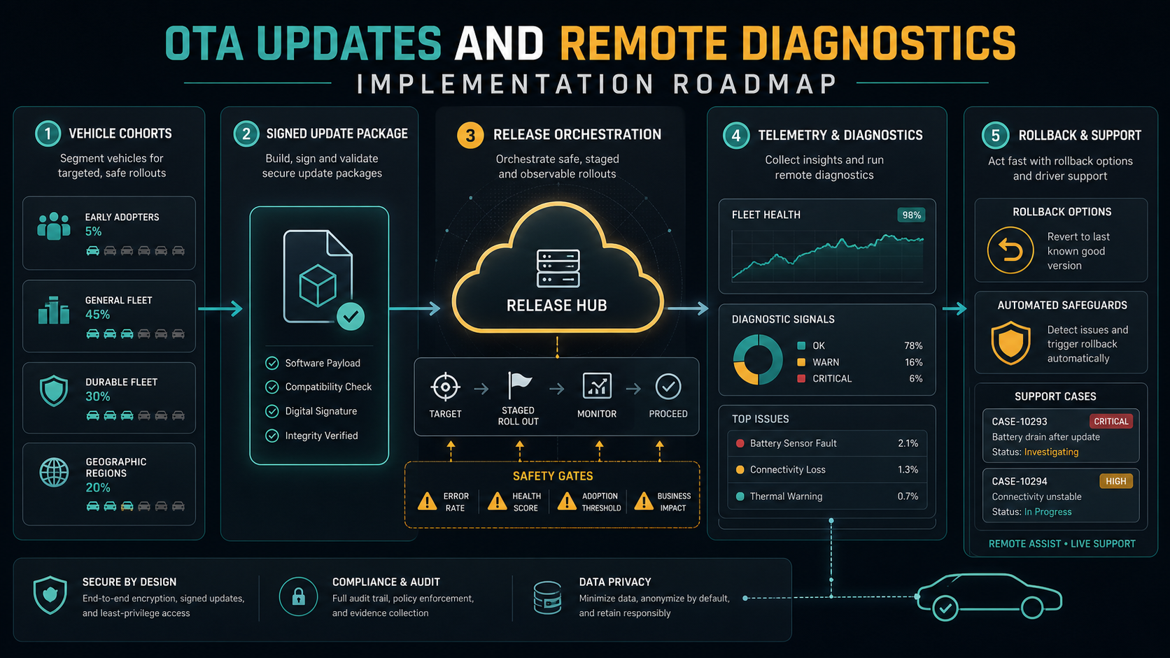 OTA updates and remote diagnostics implementation roadmap showing vehicle cohorts, signed update package, release orchestration, telemetry diagnostics, rollback, support, compliance, and audit controls