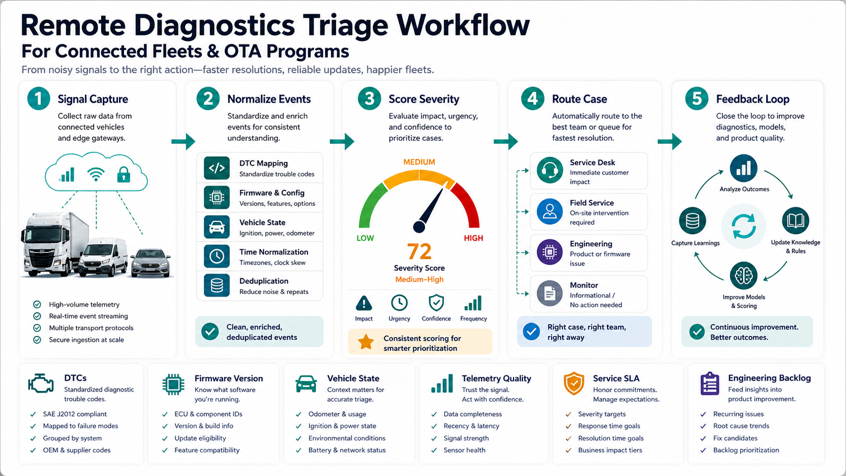 Remote diagnostics triage workflow showing signal capture, event normalization, severity scoring, case routing, and feedback loops for connected fleets
