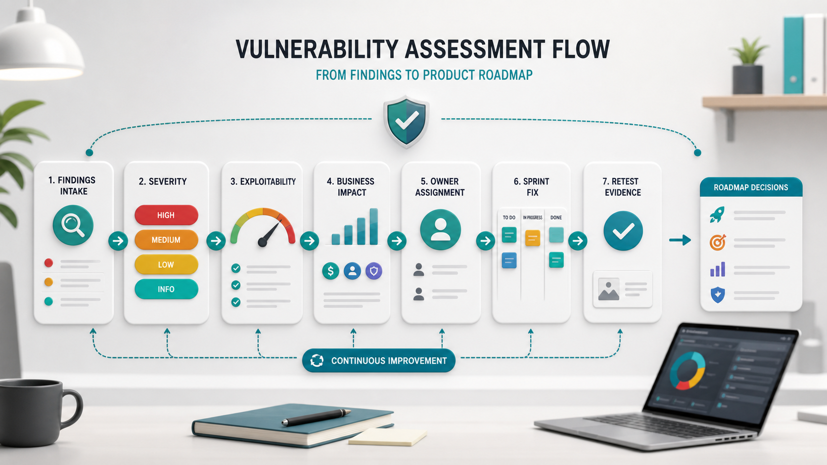 OWASP vulnerability assessment flow showing findings intake, severity, exploitability, business impact, owner assignment, sprint fix, retest evidence, and roadmap decisions