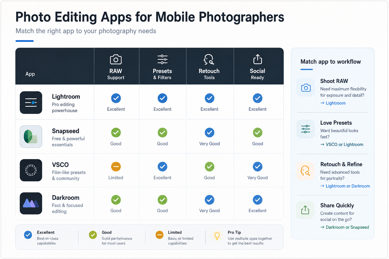 Comparison matrix matching Lightroom, Snapseed, VSCO, and Darkroom to RAW support, presets, retouching, and social sharing needs