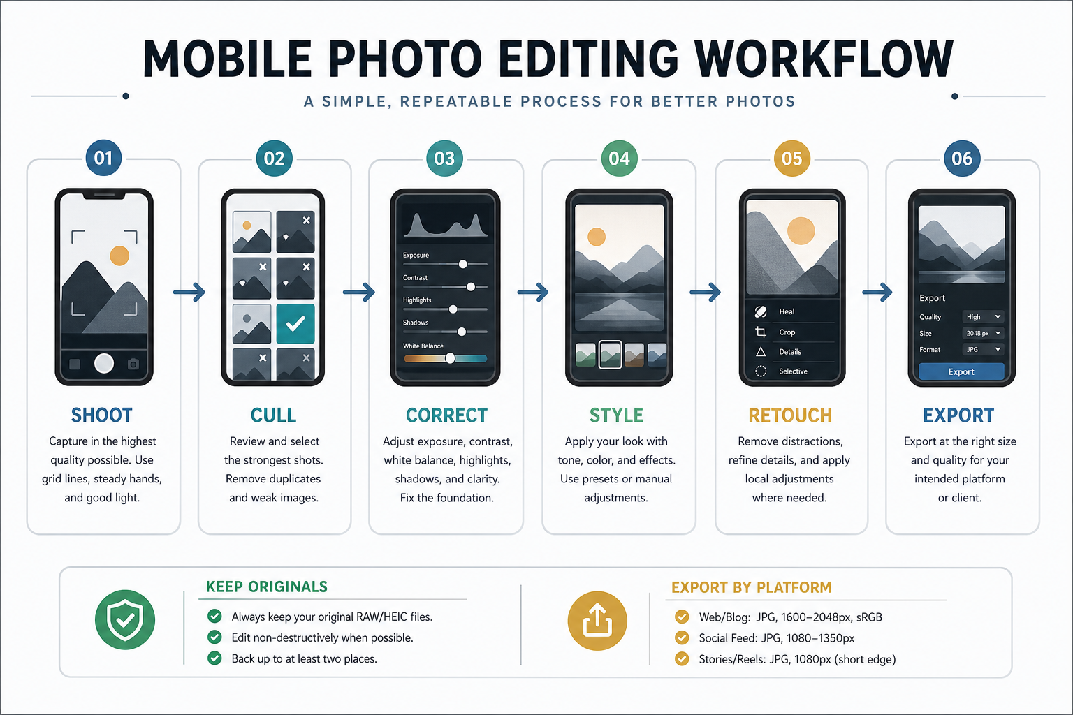 Six-step mobile photo editing workflow showing shoot, cull, correct, style, retouch, and export steps