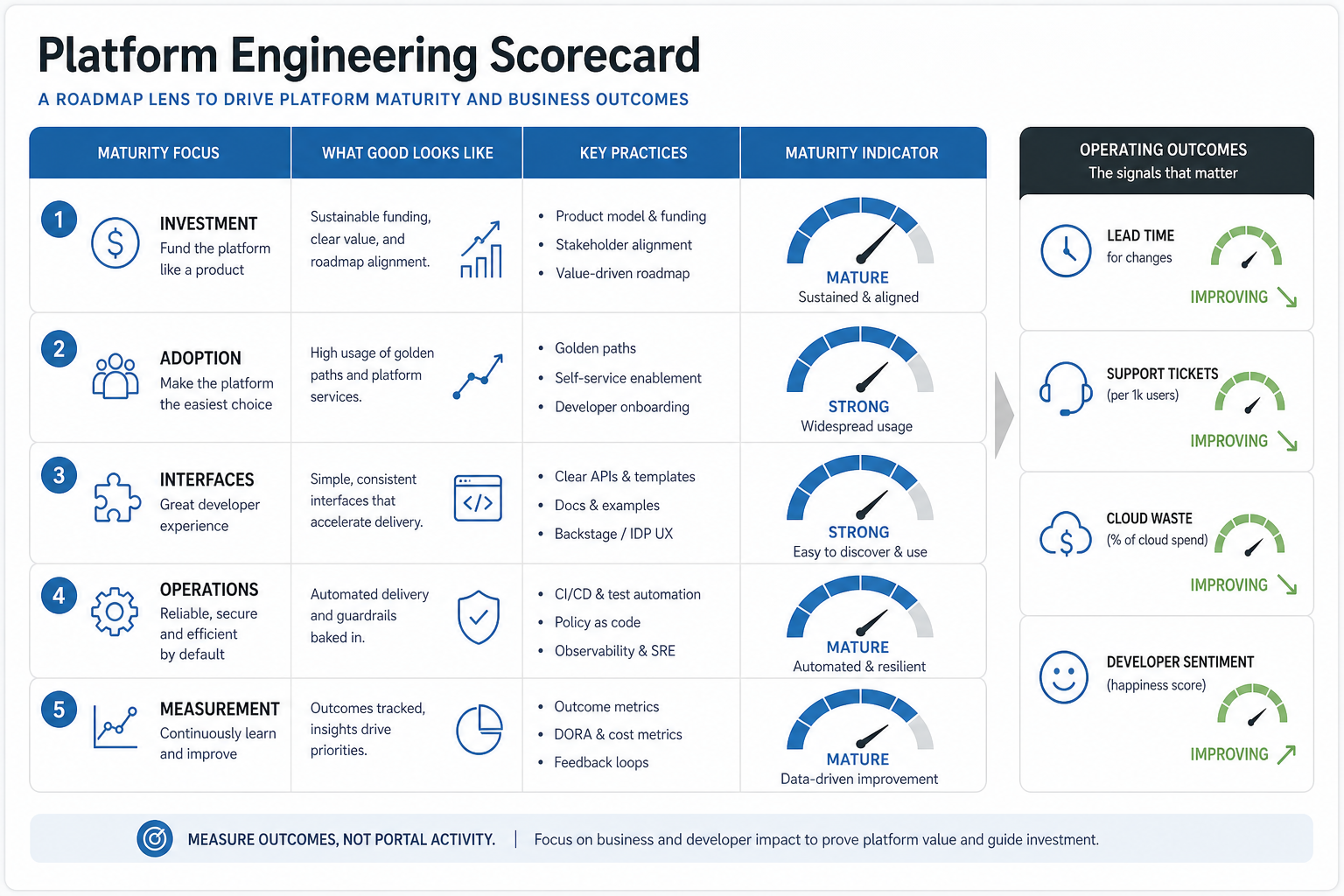 Platform engineering maturity scorecard showing investment, adoption, interfaces, operations, measurement, and operating outcomes