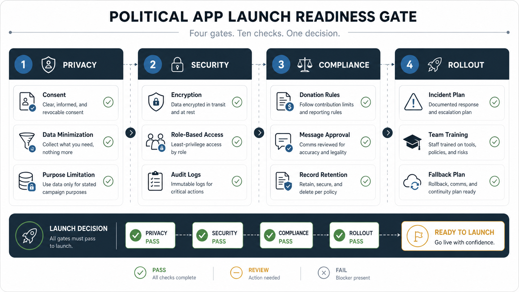Political app launch readiness gate with privacy, security, compliance, and rollout checks for campaign software