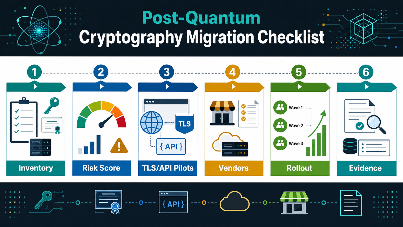 Post-quantum cryptography migration roadmap showing inventory, risk scoring, TLS and API pilots, vendor checks, rollout waves, and evidence