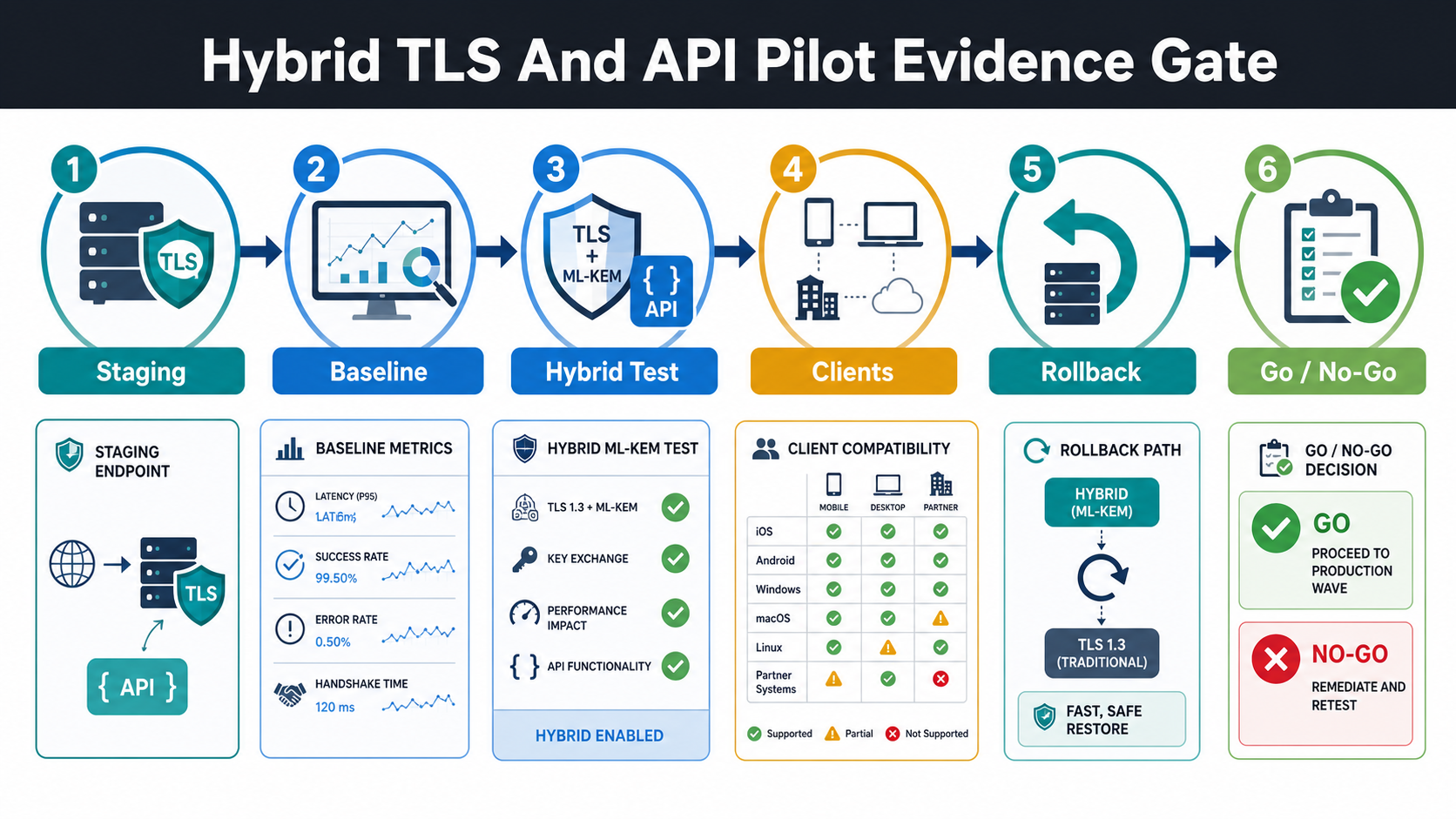 Hybrid TLS and API pilot evidence gate with staging, baseline, hybrid test, clients, rollback, and go no-go steps