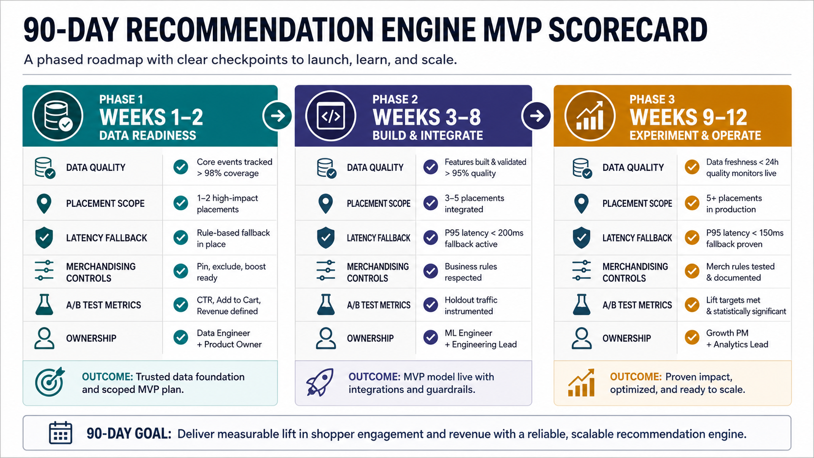 90-day recommendation engine MVP scorecard covering data readiness, build and integration, experiment metrics, latency fallback, merchandising controls, and ownership