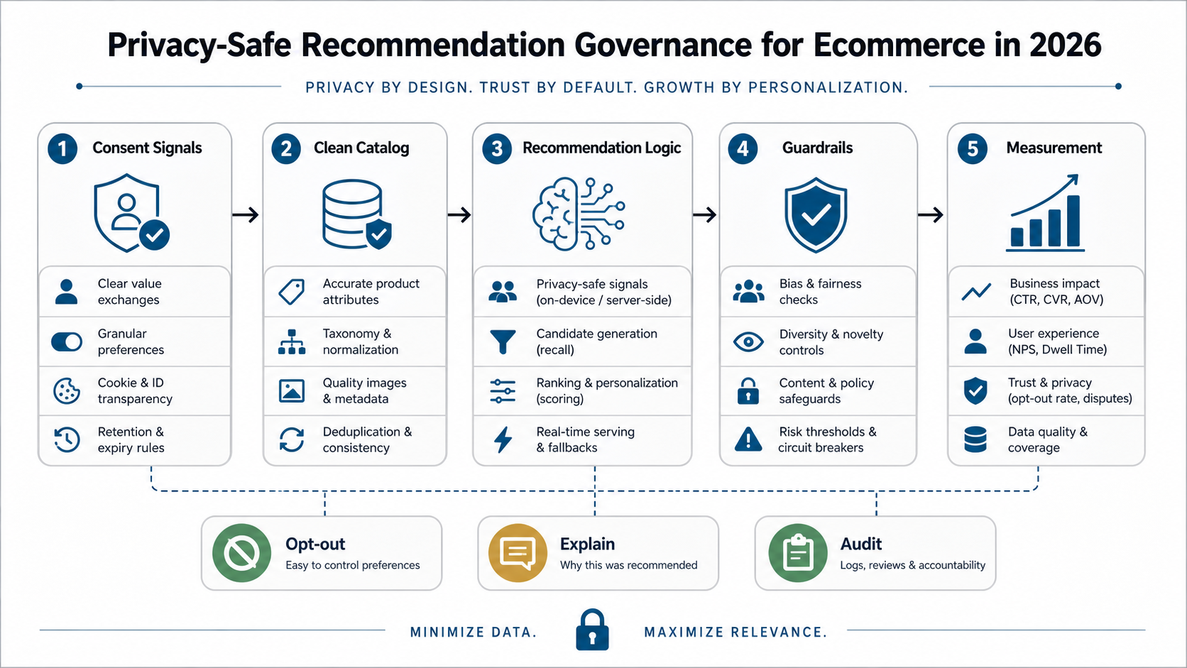 Privacy-safe ecommerce recommendation governance flow covering consent signals, clean catalog data, recommendation logic, guardrails, measurement, opt-out, explainability, and audit controls