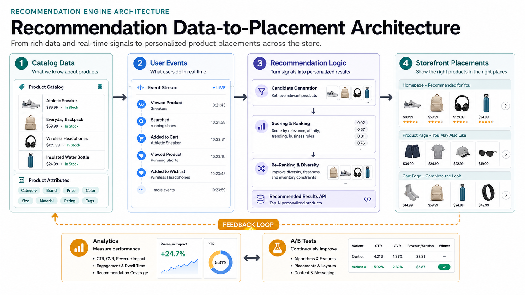 Recommendation engine architecture connecting catalog data, user events, recommendation logic, storefront placements, analytics, and A/B tests