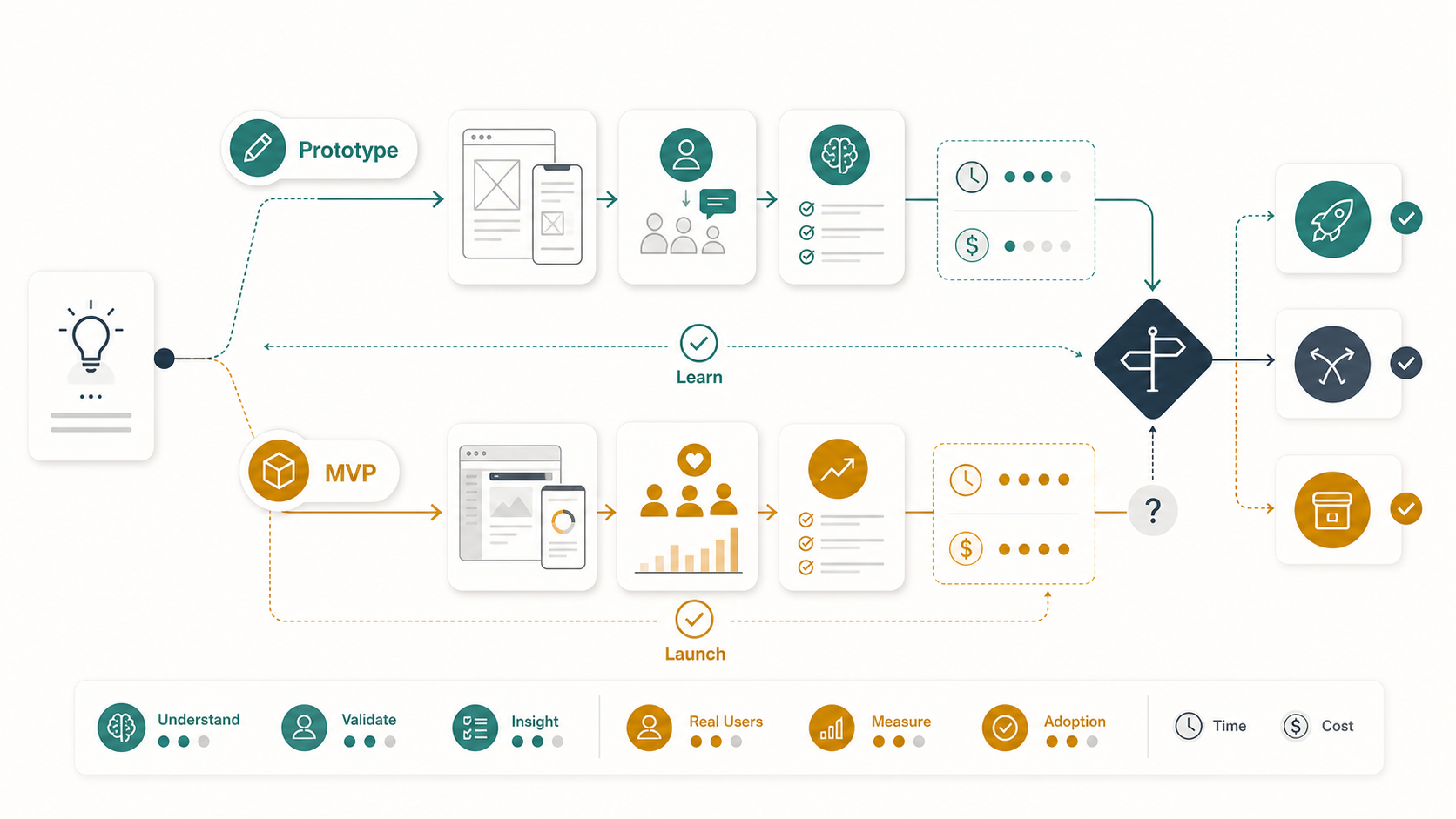 Decision framework showing a product idea moving through prototype and MVP validation paths before launch planning
