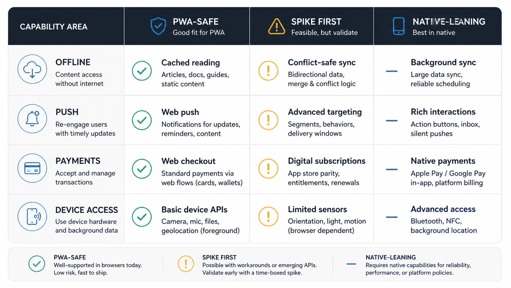 Capability risk matrix for PWA native and cross-platform app decisions across offline push payments and device access