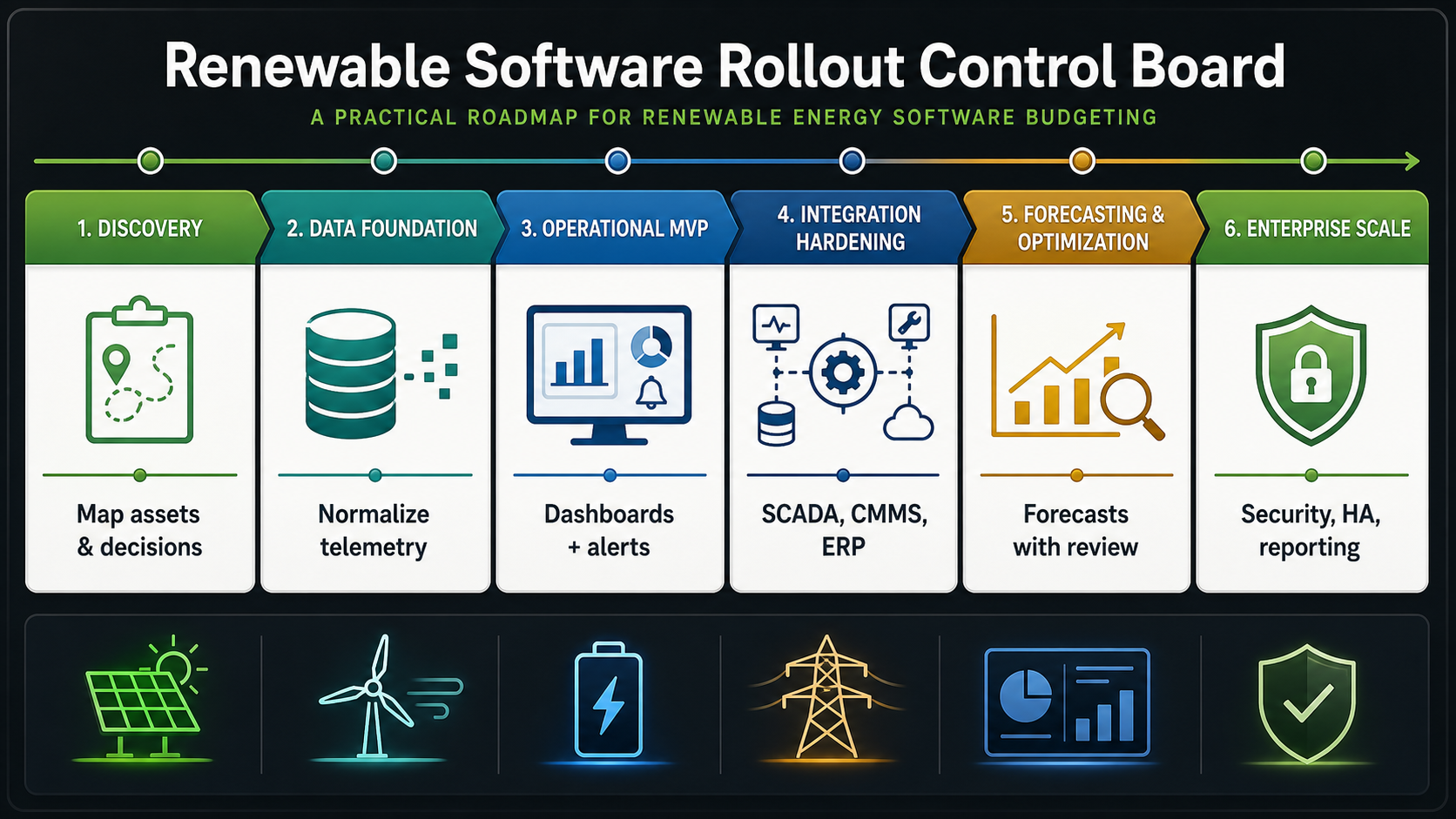 Renewable software rollout control board showing discovery, data foundation, operational MVP, integration hardening, forecasting optimization, and enterprise scale