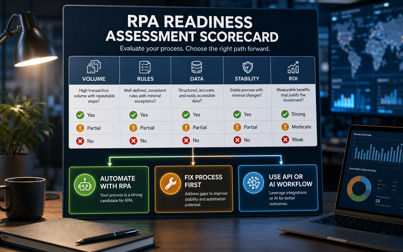 RPA readiness assessment scorecard comparing volume, rules, data, stability, and ROI before choosing RPA, process cleanup, or API and AI workflow automation
