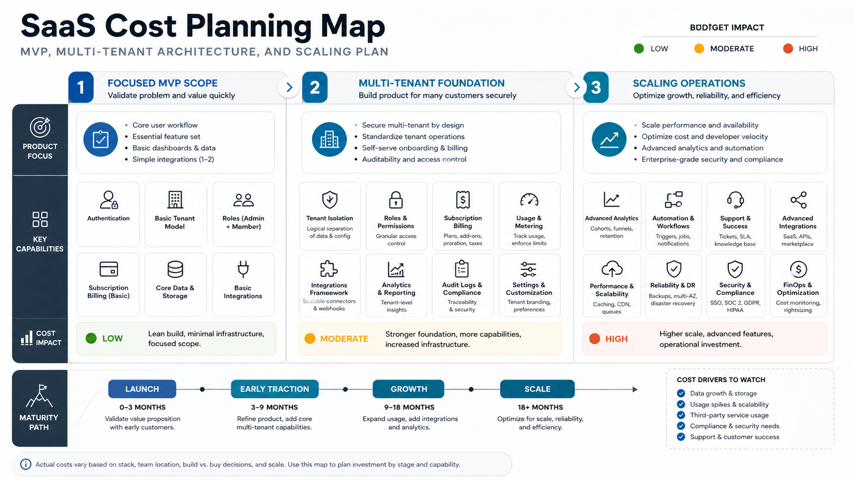 SaaS cost planning map showing MVP scope, multi-tenant foundation, billing, permissions, integrations, analytics, and scaling operations