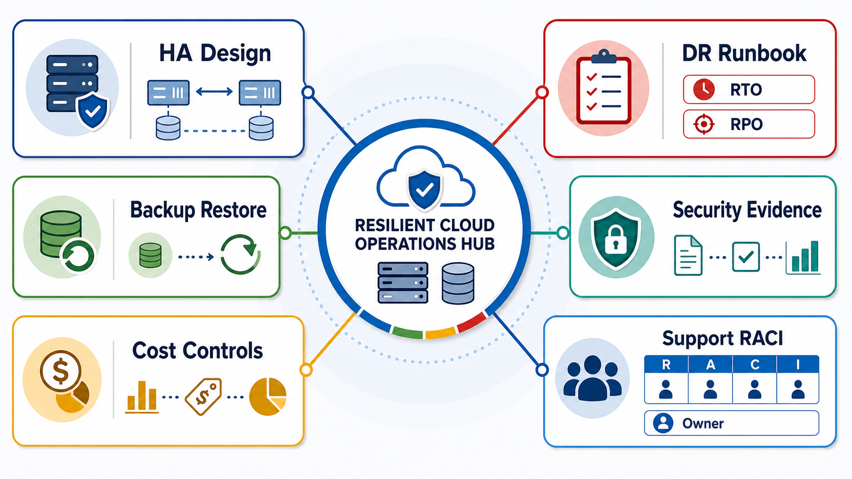 SAP on Google Cloud operations hub diagram showing HA design, DR runbook, backup restore, security evidence, cost controls, and support RACI