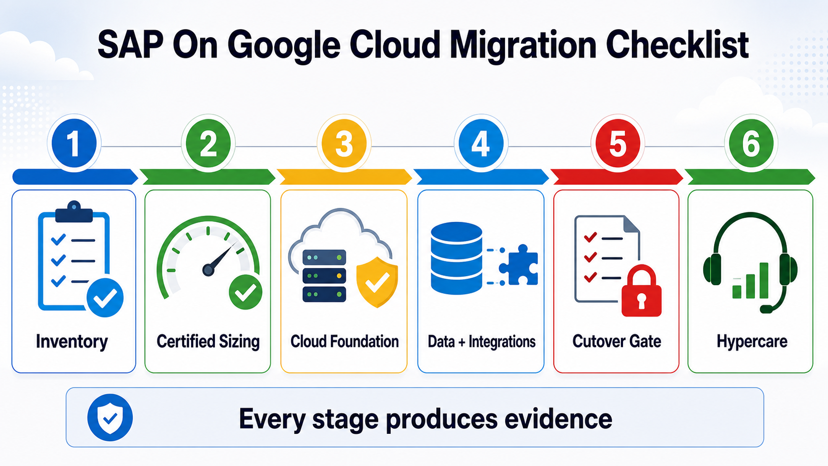 SAP on Google Cloud migration evidence path showing inventory, certified sizing, cloud foundation, data and integrations, cutover gate, and hypercare