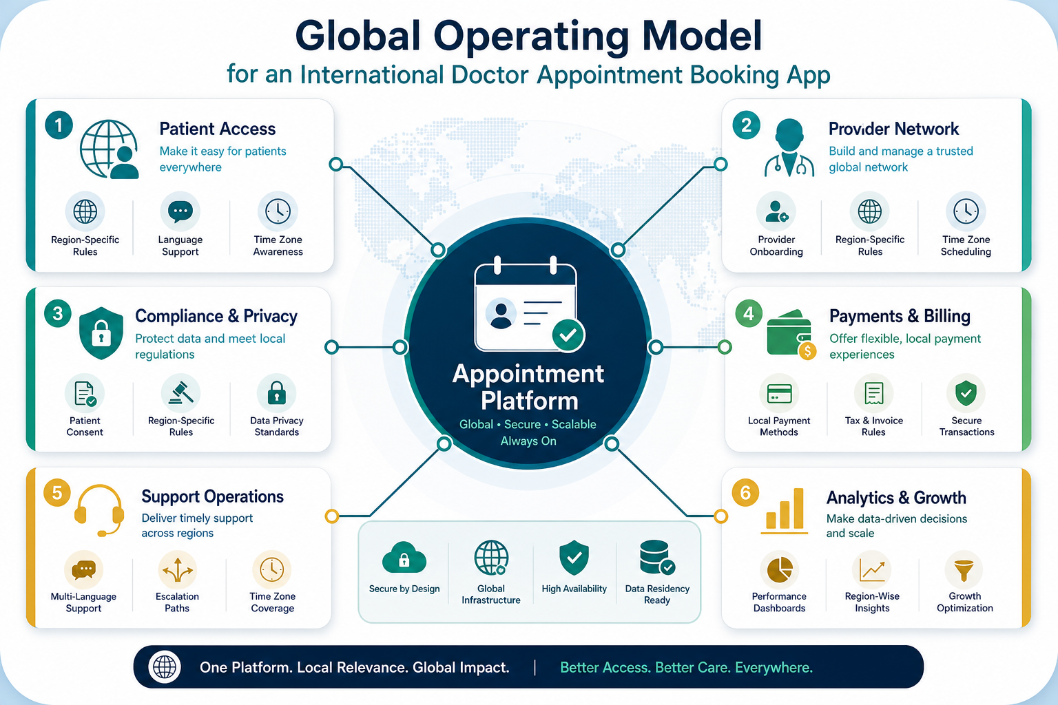 Global operating model for a doctor appointment booking app covering patient access, provider network, compliance, payments, support, and analytics