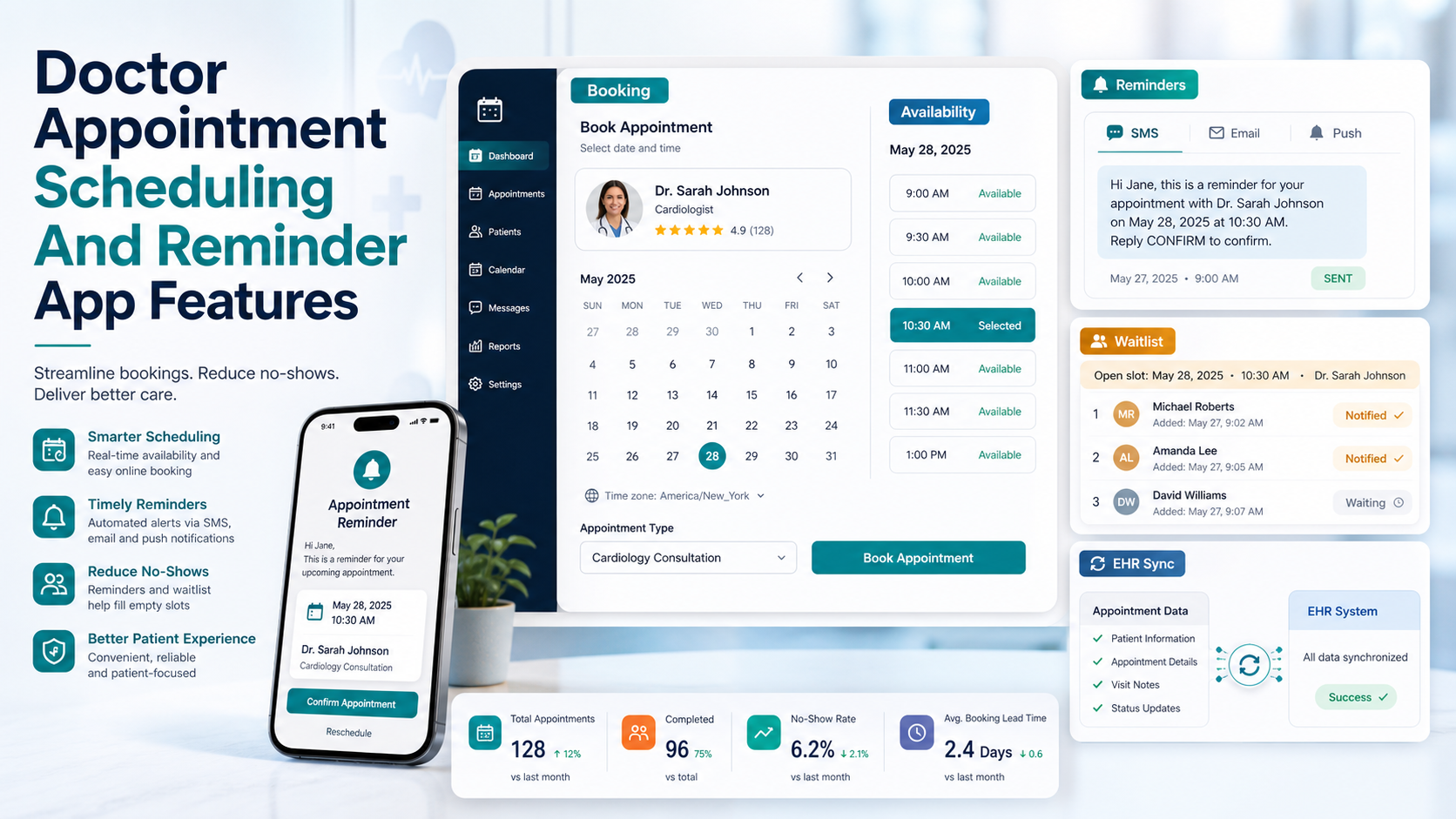 Doctor appointment scheduling and reminder app dashboard with booking, availability, waitlist, and EHR sync panels