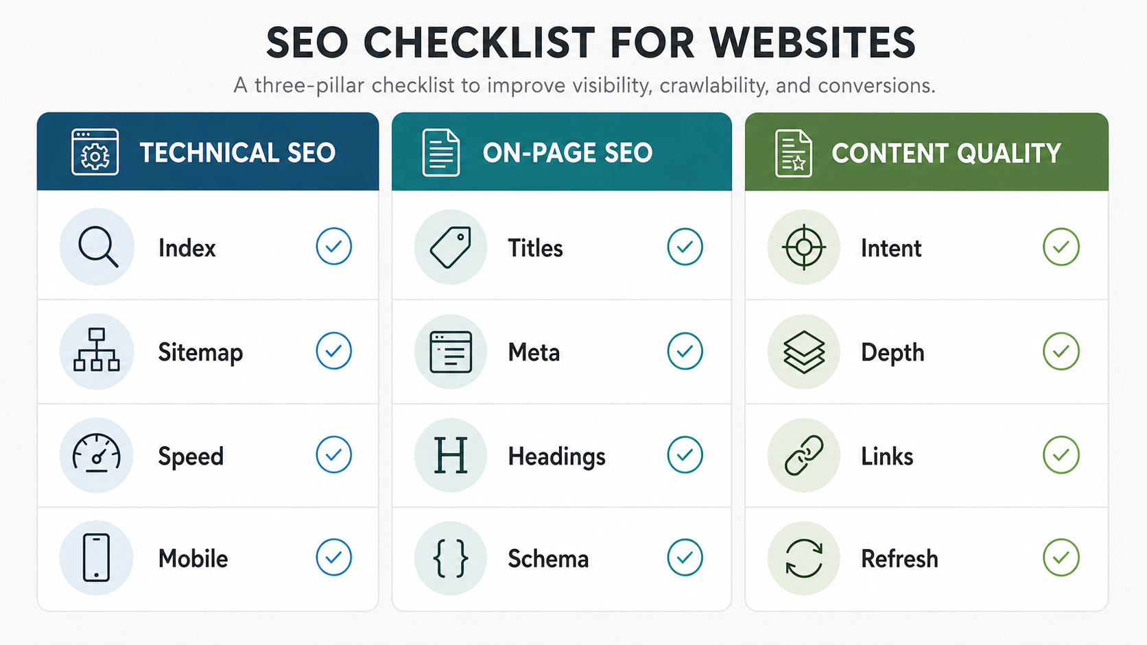 Three-column SEO checklist matrix covering technical SEO, on-page SEO, and content quality tasks